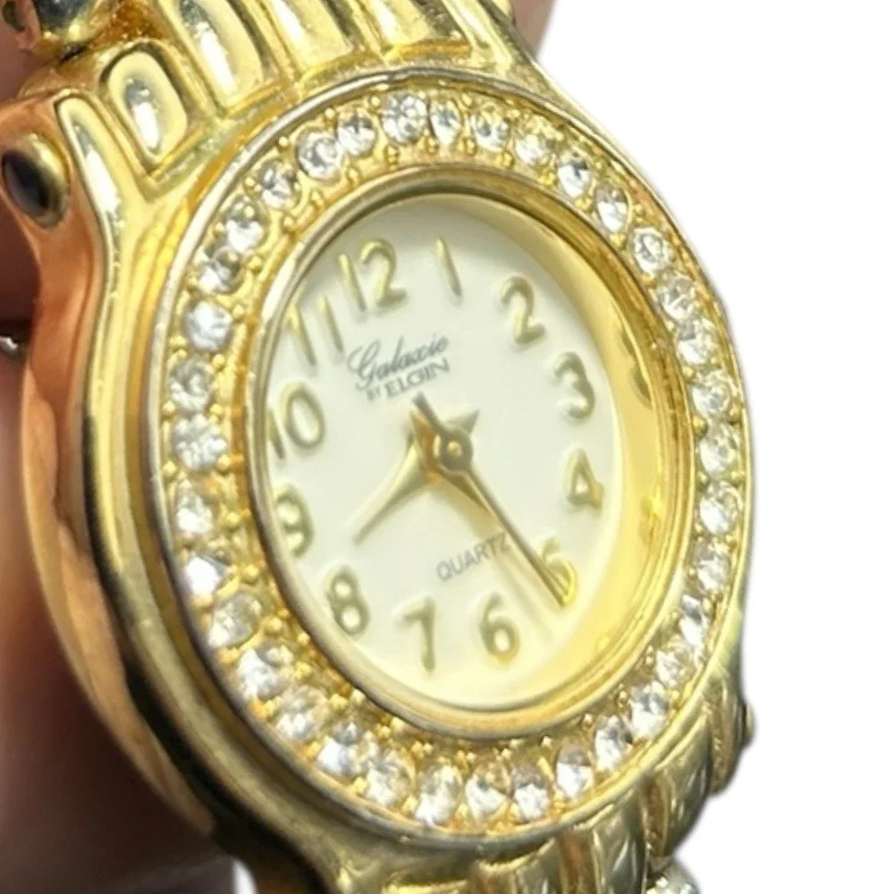 Vintage GALAXIE By ELGIN Watch Goldtone Crystal Rhinestone Bezel Quartz NLN406